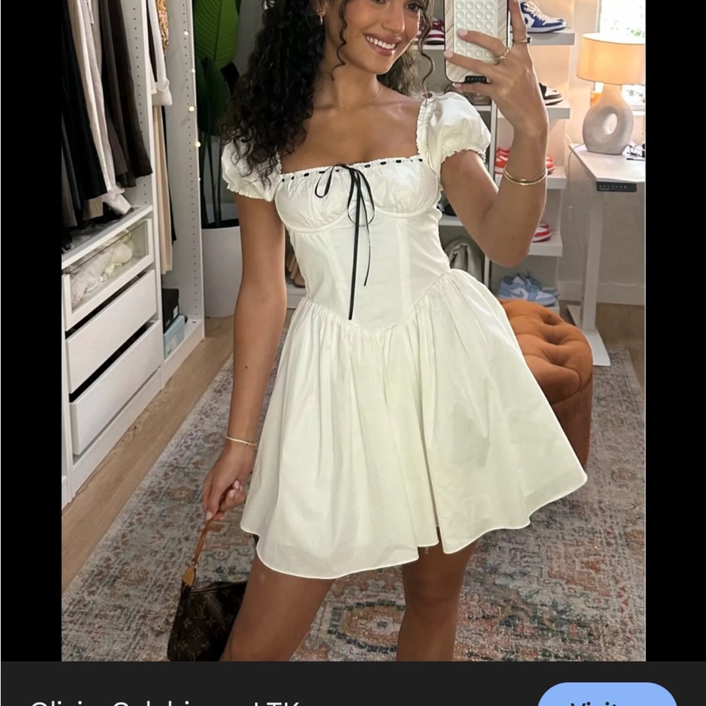 White Puff Sleeve Mini Dress with Black Tie